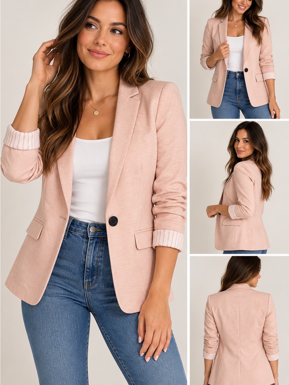 H&M Women’s Blush Pink Tailored Blazer Size 8 Rolled Cuff Striped Lining